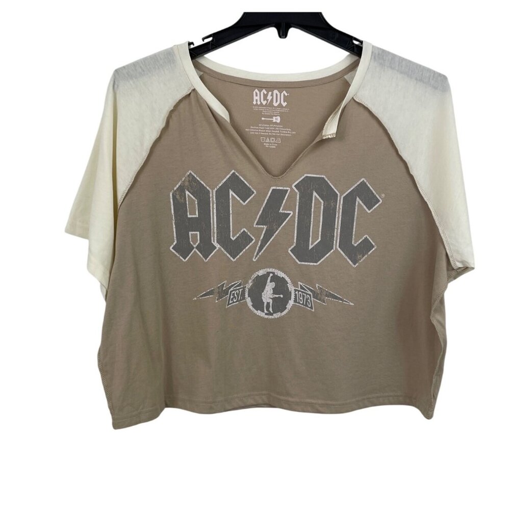 AC/DC Graphic Print Cropped Notch Tee Beige & White Womens Size 1X